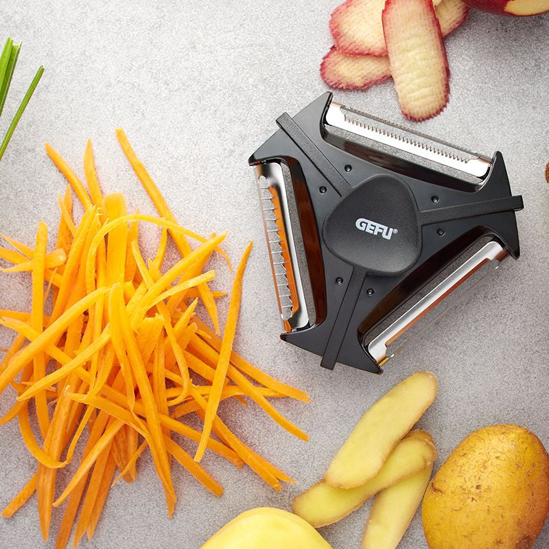 Universāls dārzeņu mizojamais nazis GEFU SPIN ar 3 asmeņiem