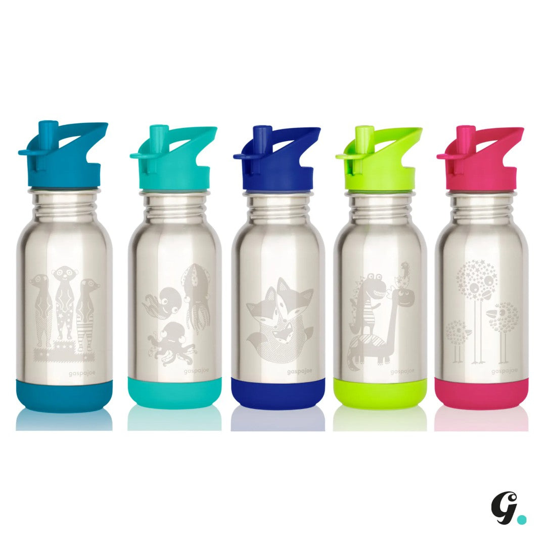 Metāla dzeramā ūdens pudele bērniem ar salmiņu, 0.4l, ar iegravētu zīmējumu - ūdens pudeles bērniem