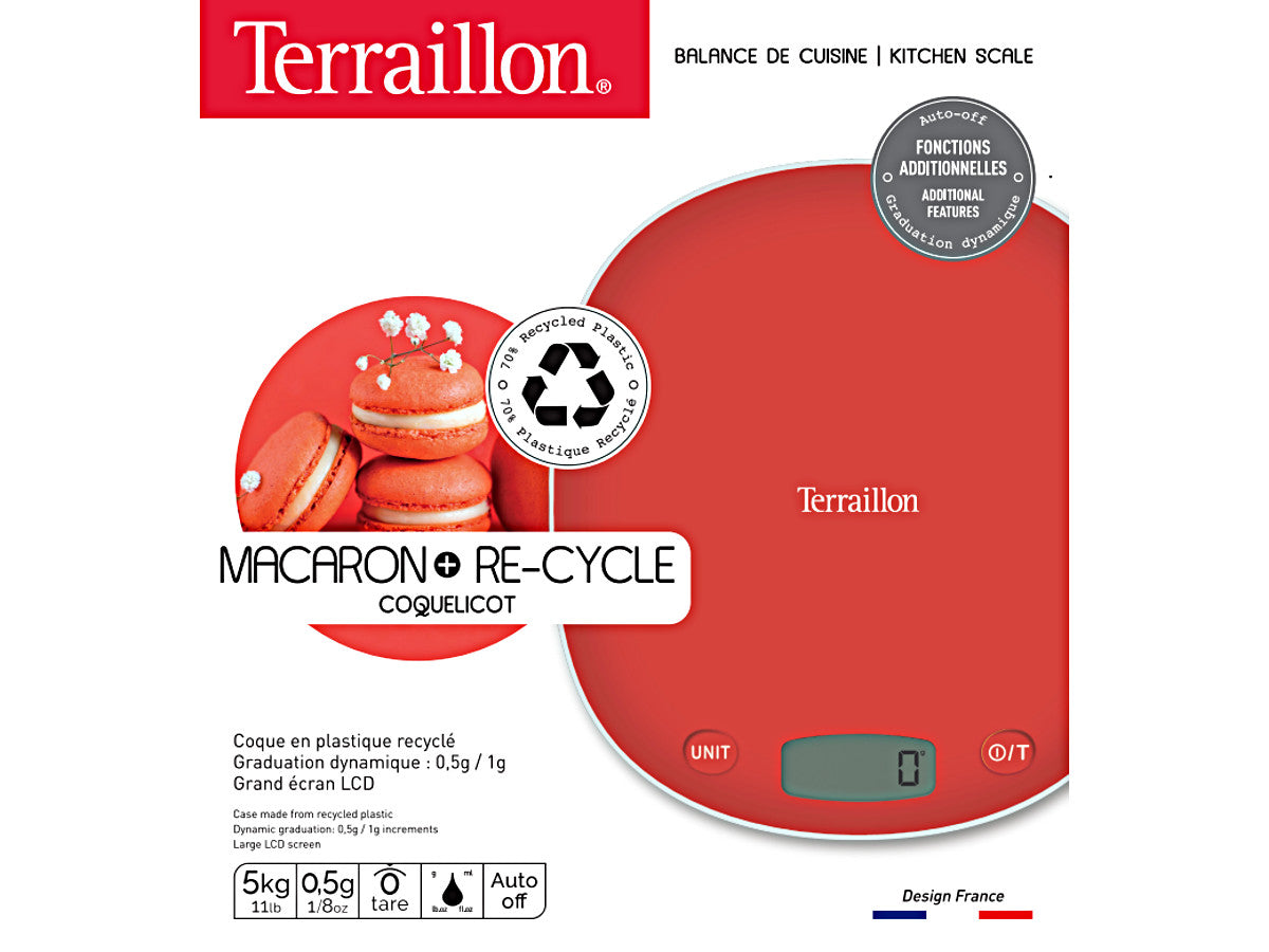 Terraillon Macaron+re-cycle Rouge Coquelicot līdz 5kg, virtuves svari