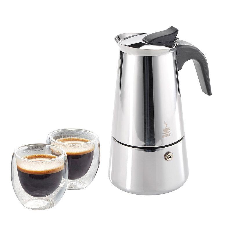 Indukcijas espresso kafijas kanna Gefu EMILIO, 4 tasēm + espresso glāzes - dāvanu komplekts,  art. 00108 - paprika.lv