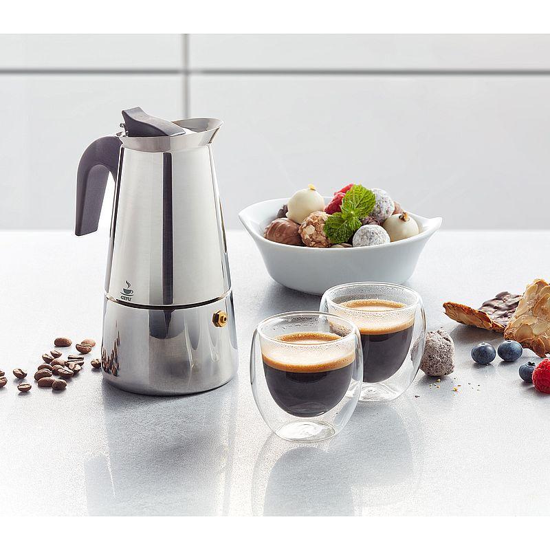 Indukcijas espresso kafijas kanna Gefu EMILIO, 4 tasēm + espresso glāzes - dāvanu komplekts,  art. 00108 - paprika.lv