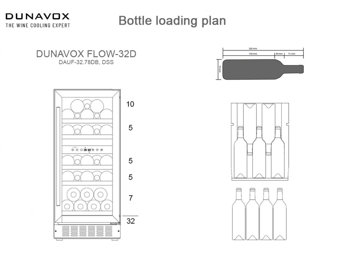 Iebūvējams vīna skapis 32 pudelēm Dunavox Flow-32D DAUF-32.78DB, 2 zonas, kompresora