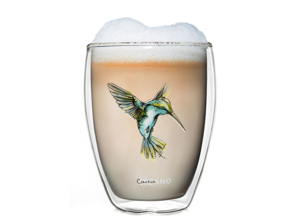 Dubultsienu stikla glāze Creano Hummi 250ml, ar zilu kolibri