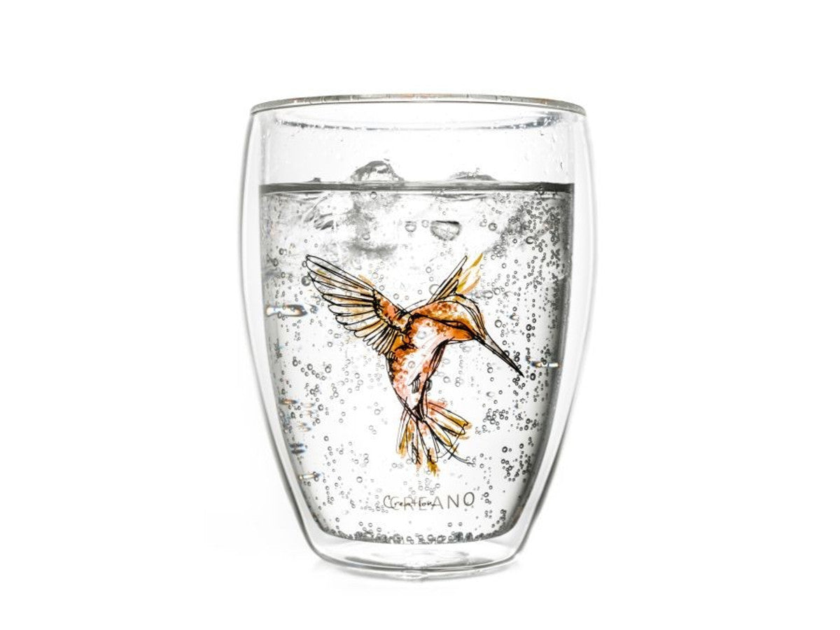Double-walled glass Creano Hummi 250ml, with an orange hummingbird
