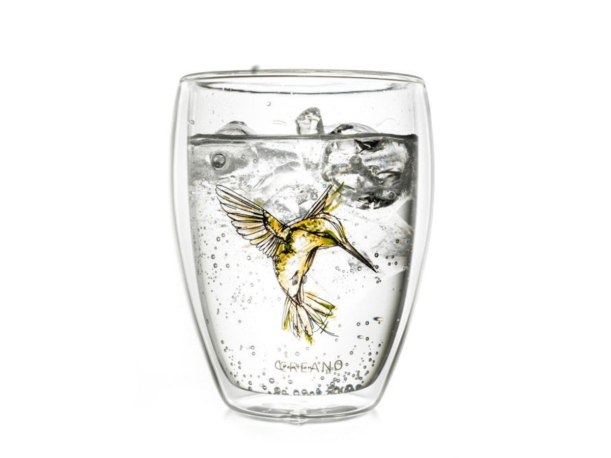 Dubultsienu stikla glāze Creano Hummi 250ml, ar dzeltenu kolibri