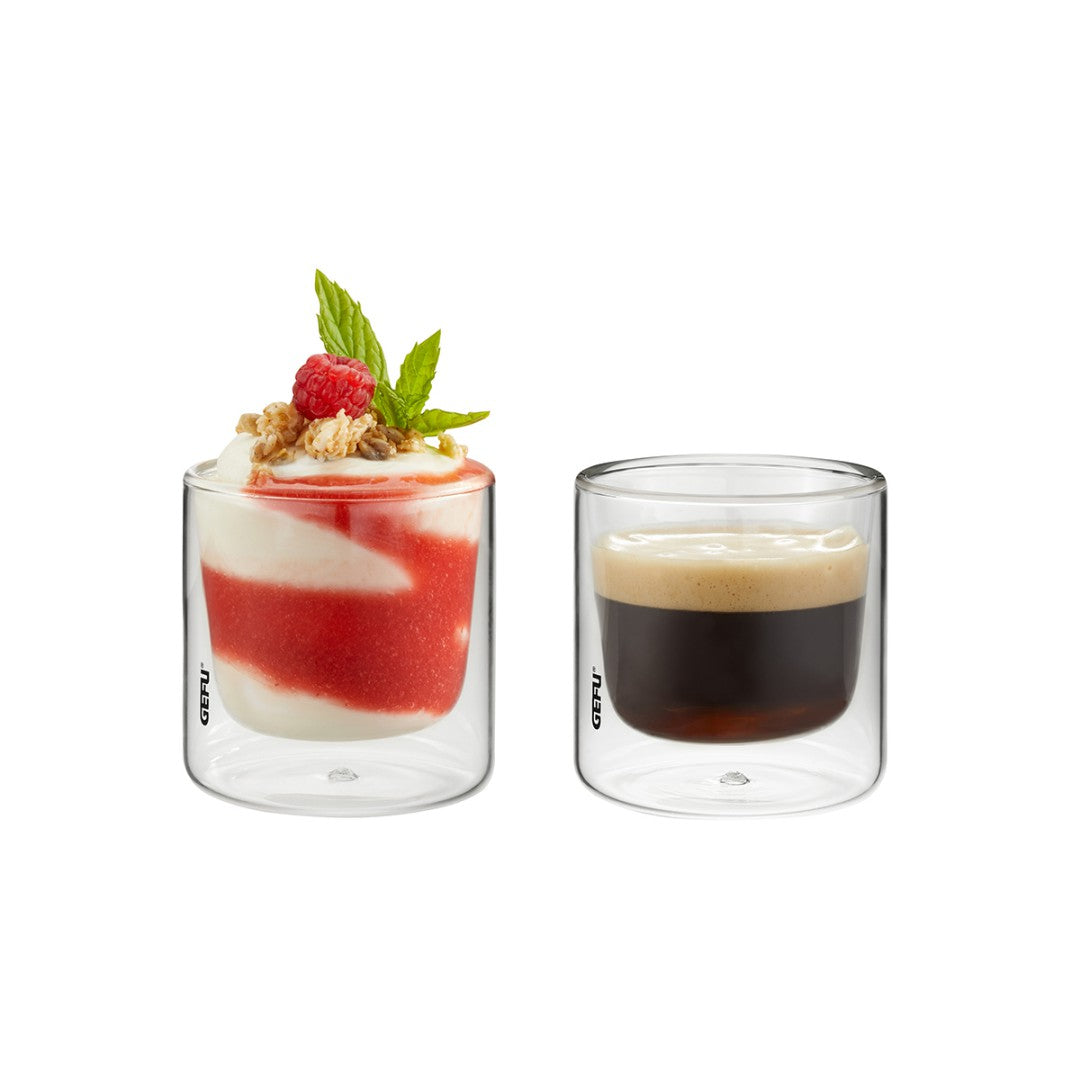 Kvalitatīvas dubultsienu stikla glāzes espresso, starteriem vai desertiem. Komplektā 2 gab.