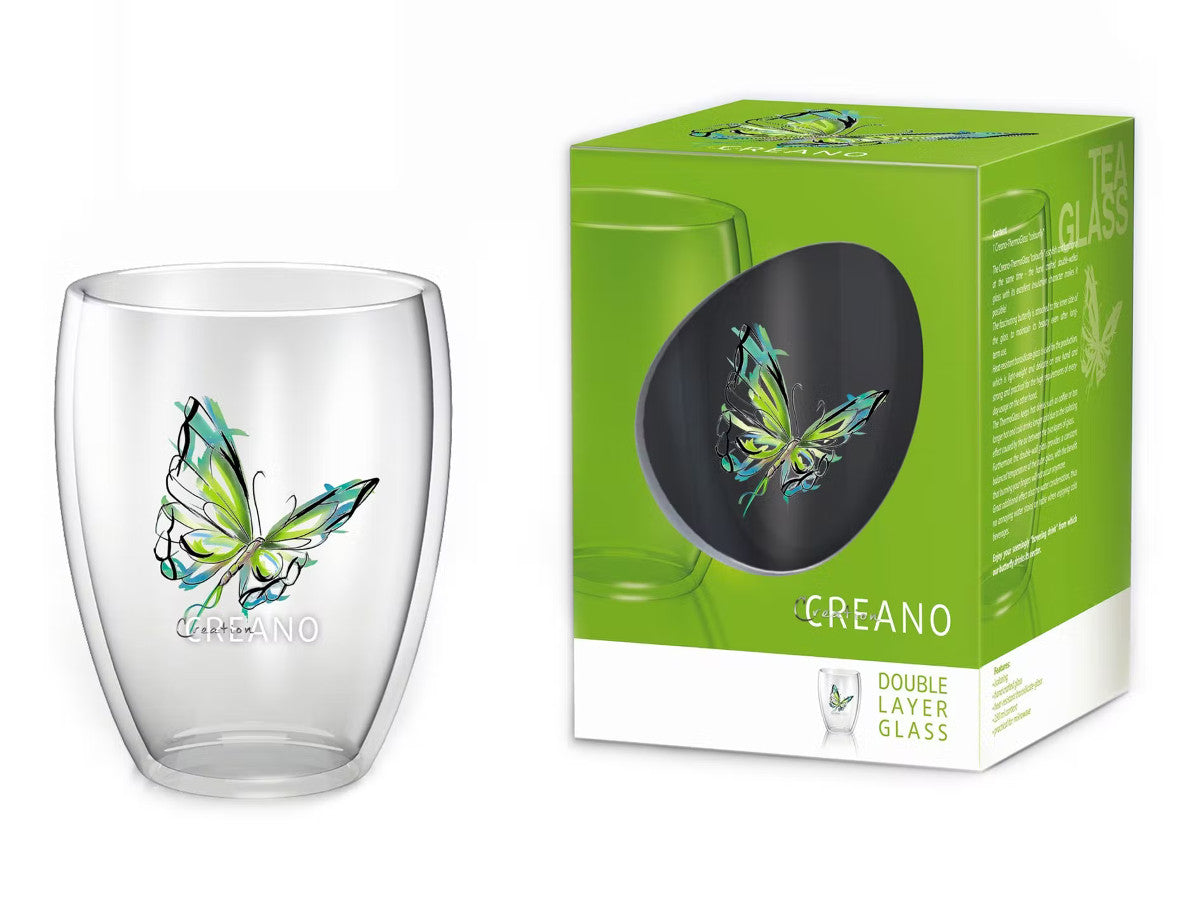 Double-walled glass Creano Colourfly 250ml, with a green butterfly