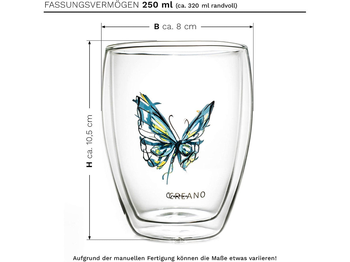 Double-walled glass Creano Colourfly 250ml, with a blue butterfly