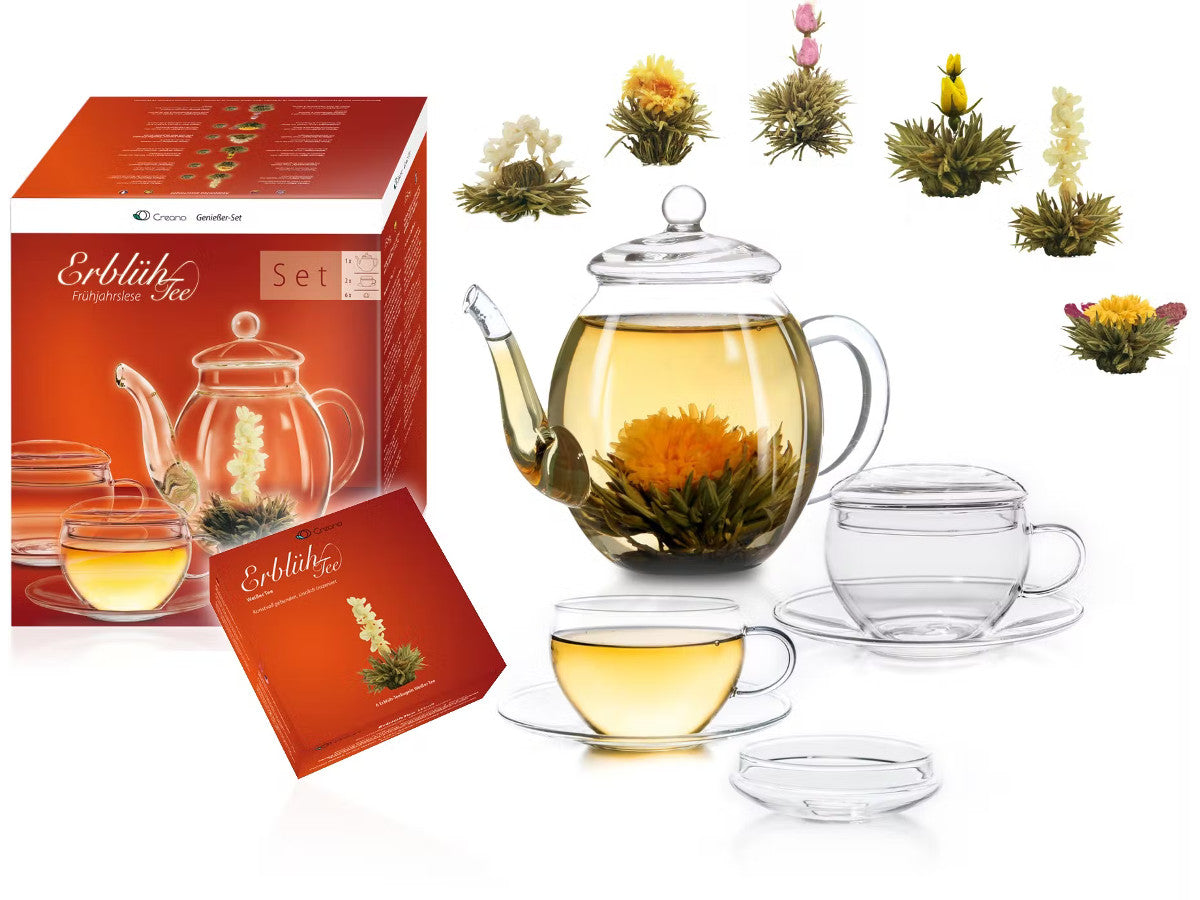 Tējas dāvanu komplekts Creano, ar tējkannu, tējas tasēm un ziedošo tēju