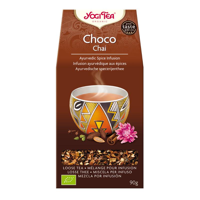 BIO Yogi Šokolādes beramā tēja (Yogi Tea Choco Chai) brūnā kartona iepakojumā ar oranžu tējas tasi